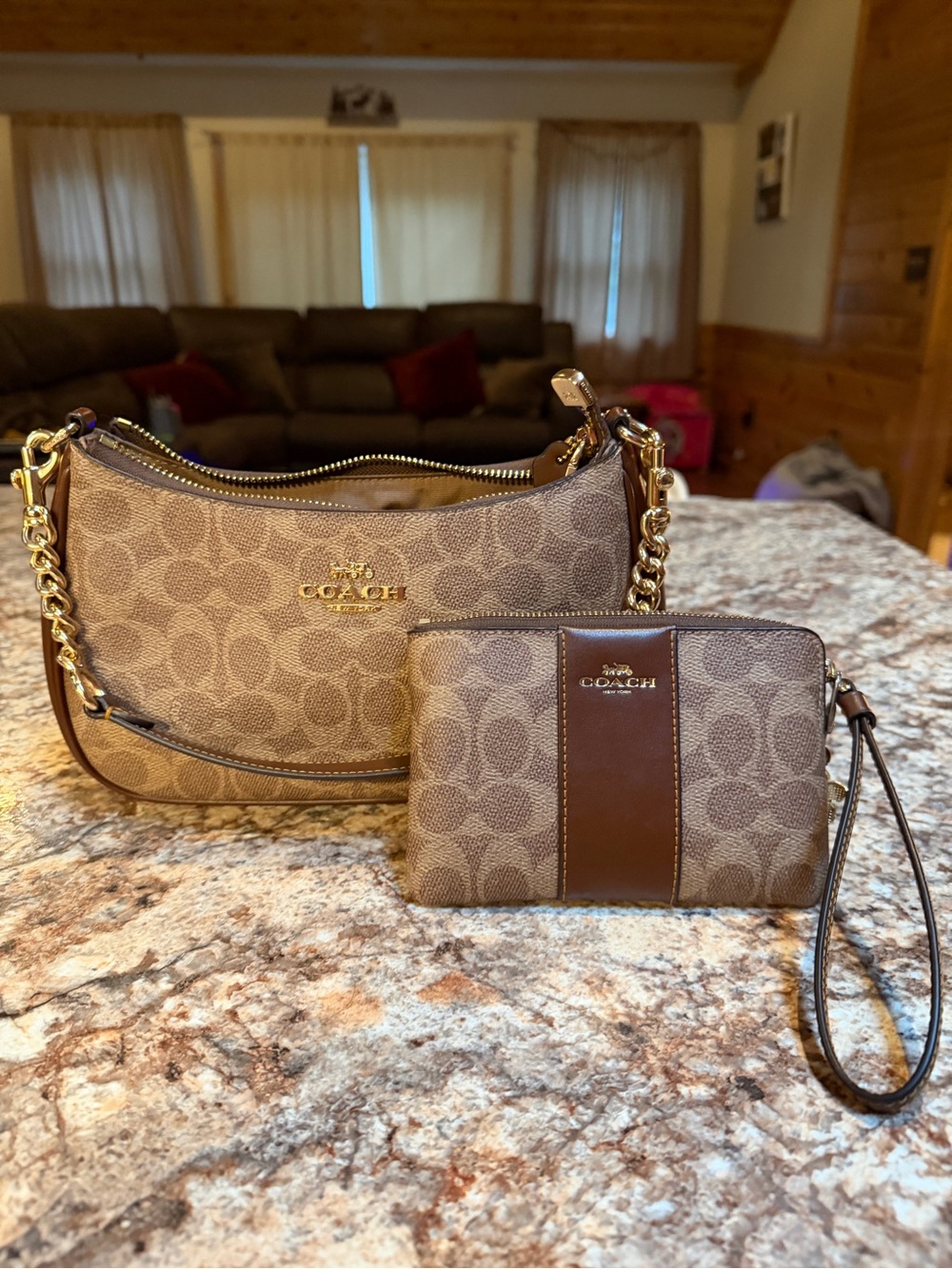 Coach Brown Signature Canvas Terri Bag with Wristlet